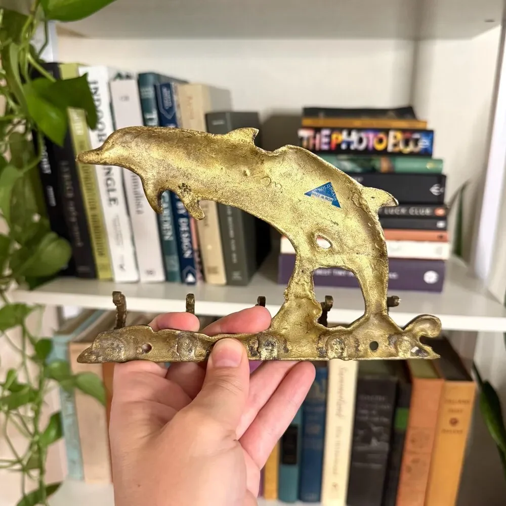 Vintage Solid Brass Dolphin Key Hook Rack / Coastal Nautical Wall Decor